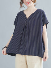 Retro V-Neck Casual Striped Blouses Shirts Top